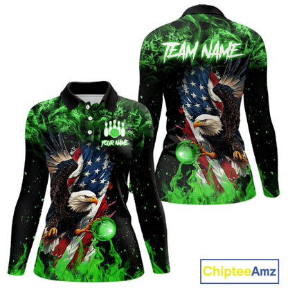 Green Flame American Flag Eagle bowling shirts for Women Custom Bowling Team Jersey, gift for Bowler NQS11555