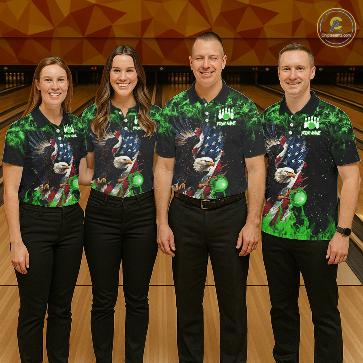Green Flame American Flag Eagle bowling shirts for Women Custom Bowling Team Jersey, gift for Bowler NQS11555