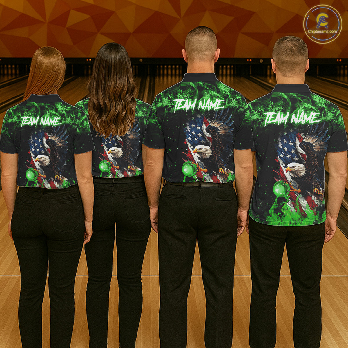 Green Flame American Flag Eagle bowling shirts for Women Custom Bowling Team Jersey, gift for Bowler NQS11555