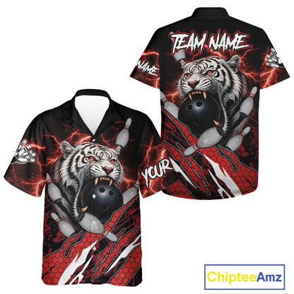 Black and Red Lightning Thunder Tiger Bowling Hawaiian Jersey, Bowling Team button-up shirts NQS11571