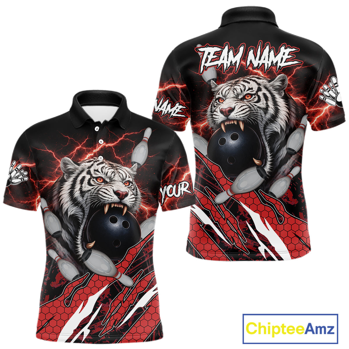 Black and Red Lightning Thunder Tiger Bowling Polo, 1/4 Zip Jersey for Men, Tiger Bowling Team shirts NQS11571