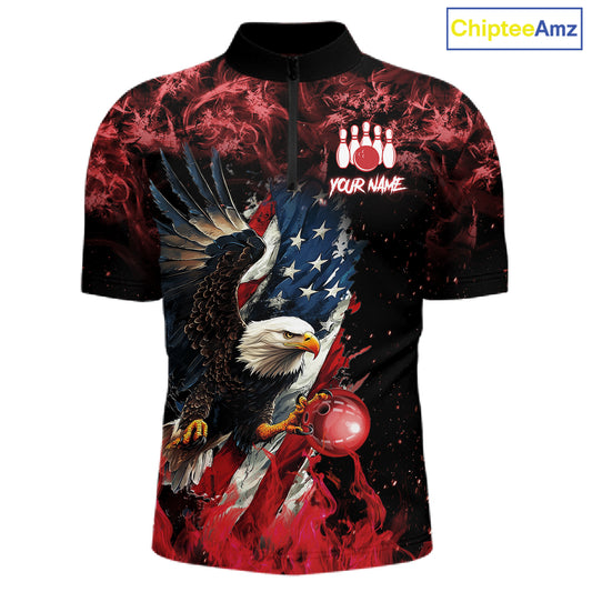 Red Flame American Flag Eagle bowling shirts for Men Custom Bowling Team Jersey, gift for Bowler NQS11556
