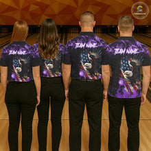 Load image into Gallery viewer, Purple Flame American Flag Eagle bowling shirts for Men Custom Bowling Team Jersey, gift for Bowler NQS11557