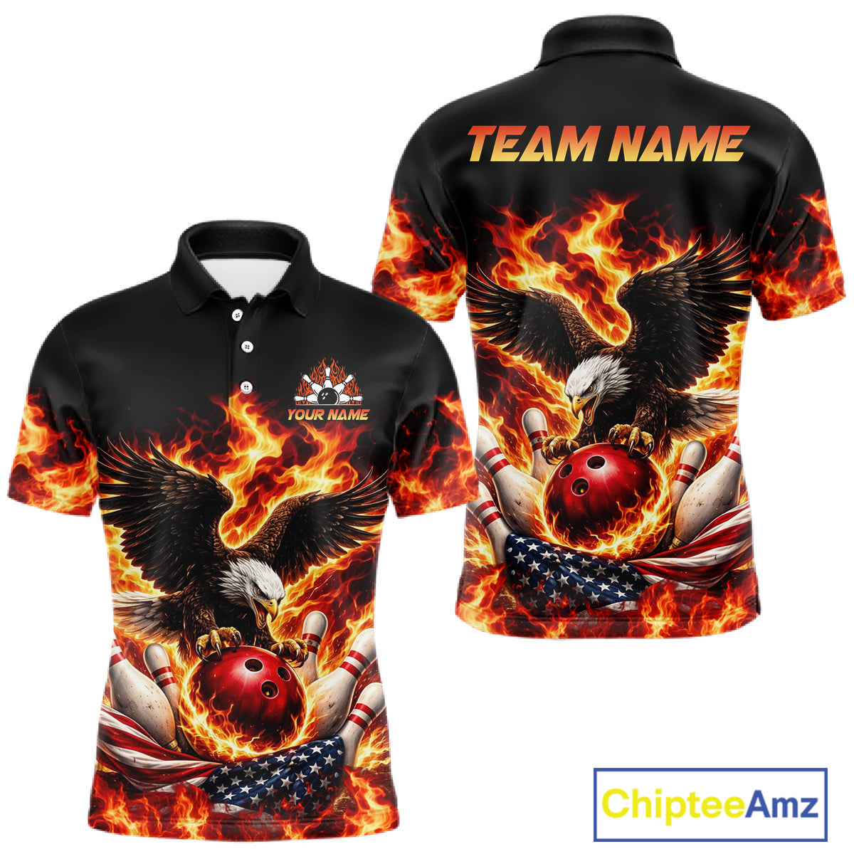 Custom Flame American Flag Eagle Bowling Shirts, Patriotic Eagle Bowling Team Jerseys For Men NQS11560