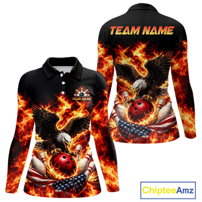 Custom Flame American Flag Eagle Bowling Shirts, Patriotic Eagle Bowling Team Jerseys For Women NQS11560