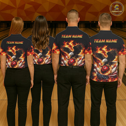 Custom Flame American Flag Eagle Bowling Shirts, Patriotic Eagle Bowling Team Jerseys For Men NQS11560