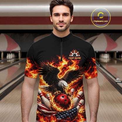 Custom Flame American Flag Eagle Bowling Shirts, Patriotic Eagle Bowling Team Jerseys For Men NQS11560