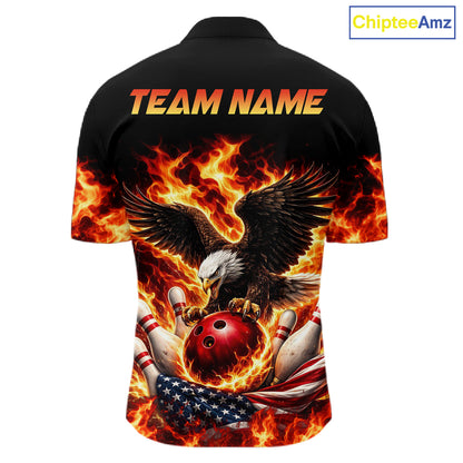 Custom Flame American Flag Eagle Bowling Shirts, Patriotic Eagle Bowling Team Jerseys For Men NQS11560