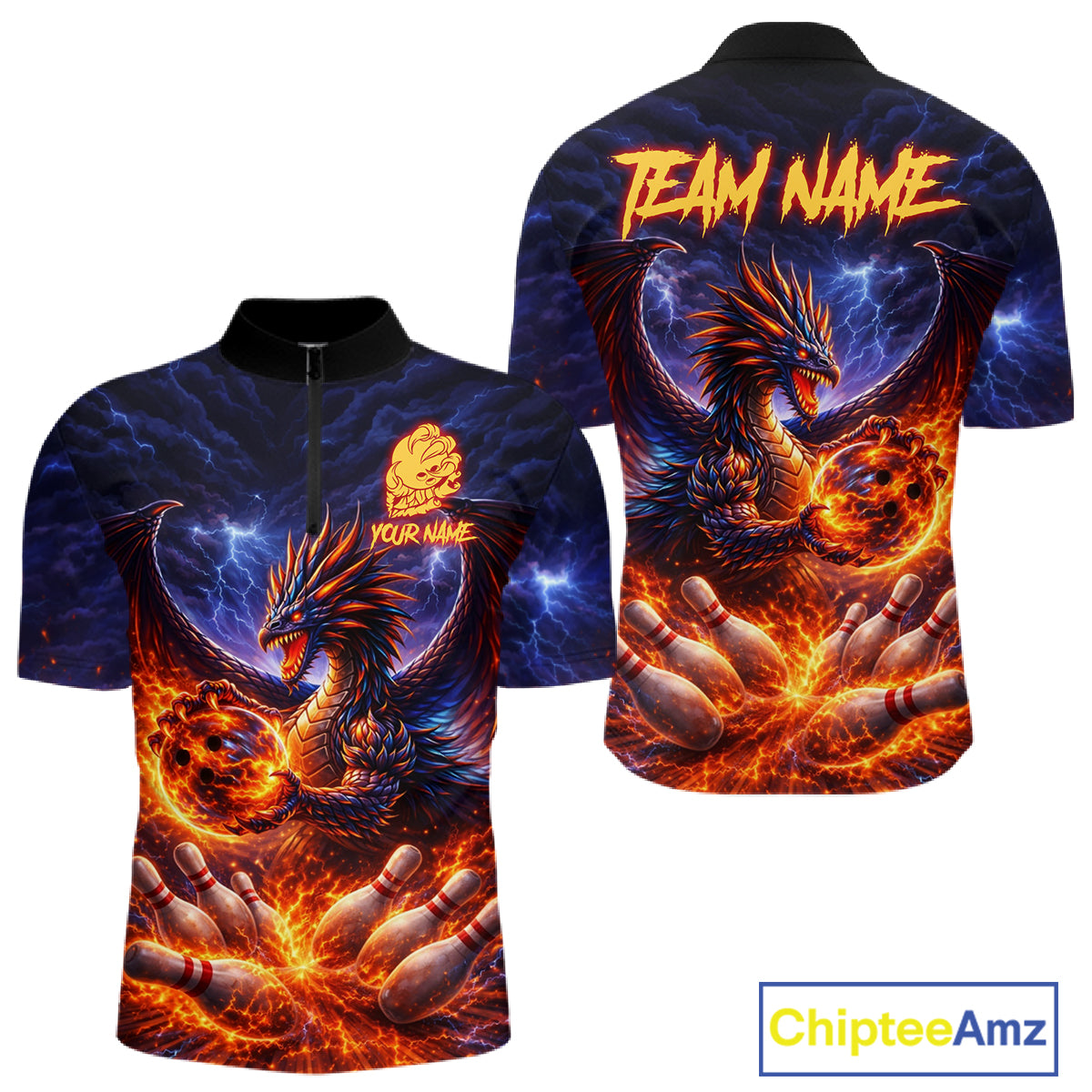 Orange and Purple Lightning Thunder Dragon Bowling Shirts for Men Custom Dragon Team Bowling Jersey NQS11680