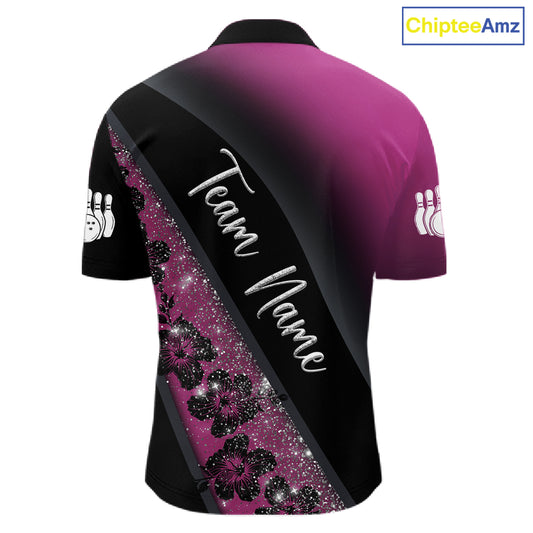 Black and Pink Glitter Flower Bowling Polo, Quarter Zip Shirt for Men Custom Bowling Team Jerseys NQS11685