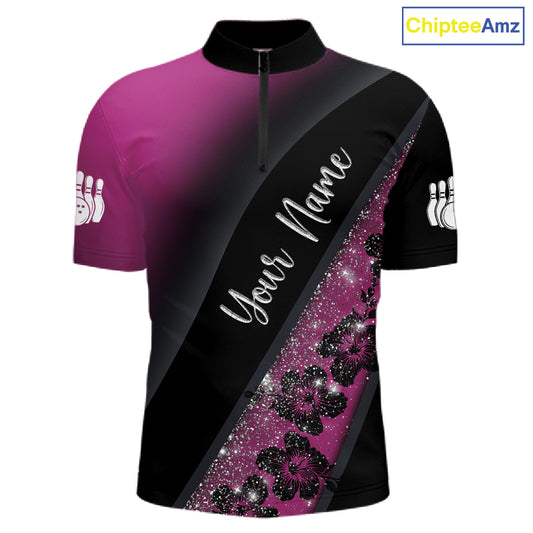 Black and Pink Glitter Flower Bowling Polo, Quarter Zip Shirt for Men Custom Bowling Team Jerseys NQS11685