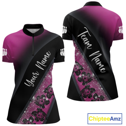 Black and Pink Glitter Flower Bowling Polo, Quarter Zip Shirt for Women Custom Bowling Team Jerseys NQS11685