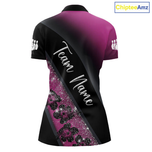 Black and Pink Glitter Flower Bowling Polo, Quarter Zip Shirt for Women Custom Bowling Team Jerseys NQS11685