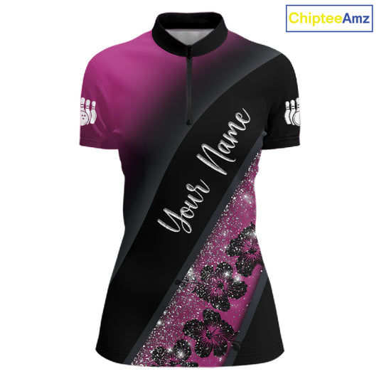 Black and Pink Glitter Flower Bowling Polo, Quarter Zip Shirt for Women Custom Bowling Team Jerseys NQS11685