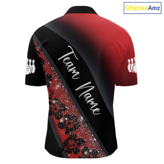 Black and Red Glitter Flower Bowling Polo, Quarter Zip Shirt for Men Custom Bowling Team Jerseys NQS11686