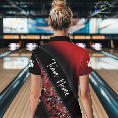 Black and Red Glitter Flower Bowling Polo, Quarter Zip Shirt for Women Custom Bowling Team Jerseys NQS11686