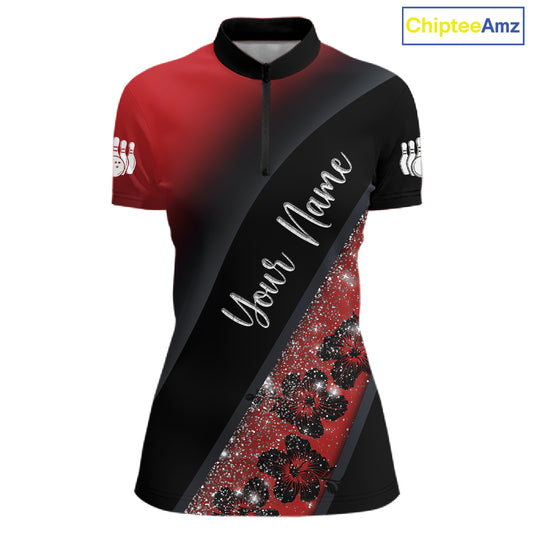 Black and Red Glitter Flower Bowling Polo, Quarter Zip Shirt for Women Custom Bowling Team Jerseys NQS11686