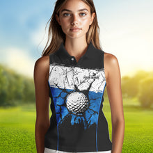 Load image into Gallery viewer, Black, White &amp; Blue Retro broken Golf ball Women Sleeveless Polo shirt Custom Team golf outfit ladies NQS9788