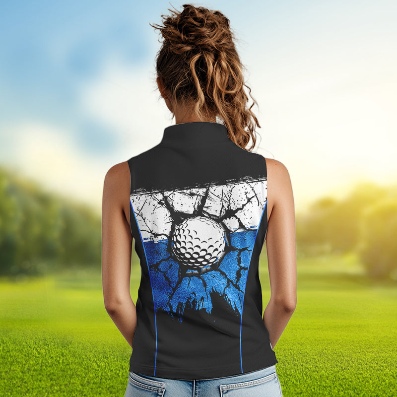 Black, White & Blue Retro broken Golf ball Women Sleeveless Polo shirt Custom Team golf outfit ladies NQS9788