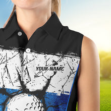 Load image into Gallery viewer, Black, White &amp; Blue Retro broken Golf ball Women Sleeveless Polo shirt Custom Team golf outfit ladies NQS9788