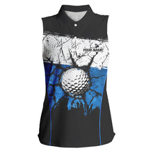 Load image into Gallery viewer, Black, White &amp; Blue Retro broken Golf ball Women Sleeveless Polo shirt Custom Team golf outfit ladies NQS9788