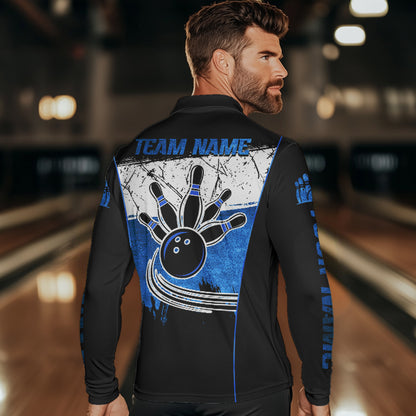 Black, White and Blue Retro broken Bowling ball Polo, 1/4 Zip Shirt For Men Custom Bowling Team Shirts NQS9789