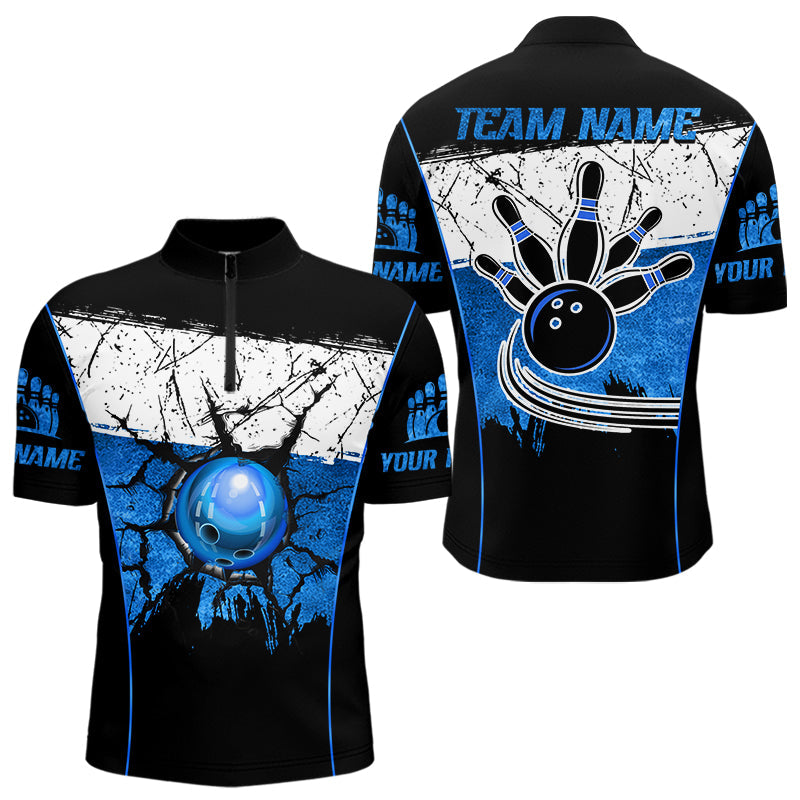 Black, White and Blue Retro broken Bowling ball Polo, 1/4 Zip Shirt For Men Custom Bowling Team Shirts NQS9789