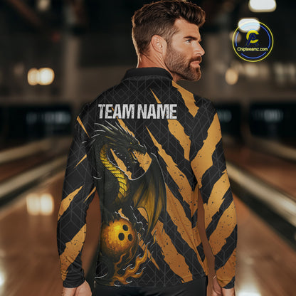 Black and Gold Dragon Bowling Polo, Quarter Zip Shirts for Men Custom Bowling Outfit Team jersey NQS10037