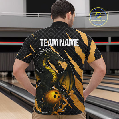 Black and Gold Dragon Bowling Polo, Quarter Zip Shirts for Men Custom Bowling Outfit Team jersey NQS10037