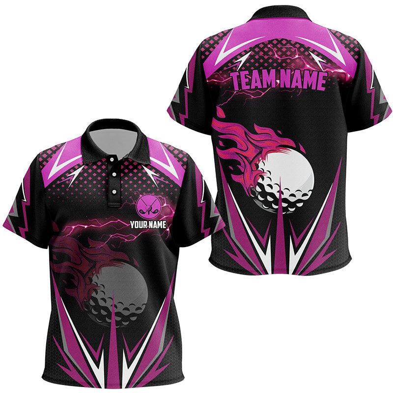Black Kid golf polo shirts custom pink fire lightning team golf jerseys, golf attire for kid NQS7943