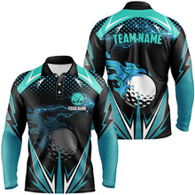 Load image into Gallery viewer, Black Mens golf polo shirts custom Cyan Blue fire lightning team golf jerseys, golf attire for men NQS7944