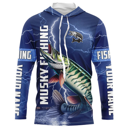 Musky Fishing blue lightning jerseys custom performance Long Sleeve Muskie tournament fishing shirts NQS8146