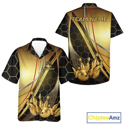 Custom Black and Gold Bowling Hawaiian Shirts, Bowling Team League Jersey NQS10346