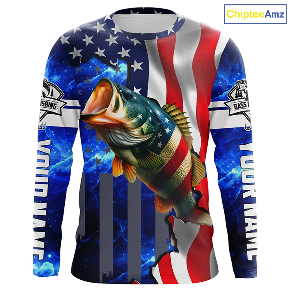 Bass Fishing American Flag patriotic UV protection Custom name long sleeves shirt NQS926