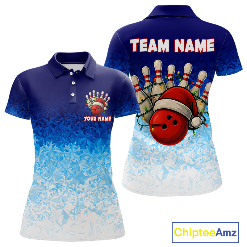Blue Ice pattern Christmas Team Bowling Polo, Quarter Zip shirts for Women Custom Xmas bowling gifts NQS10969