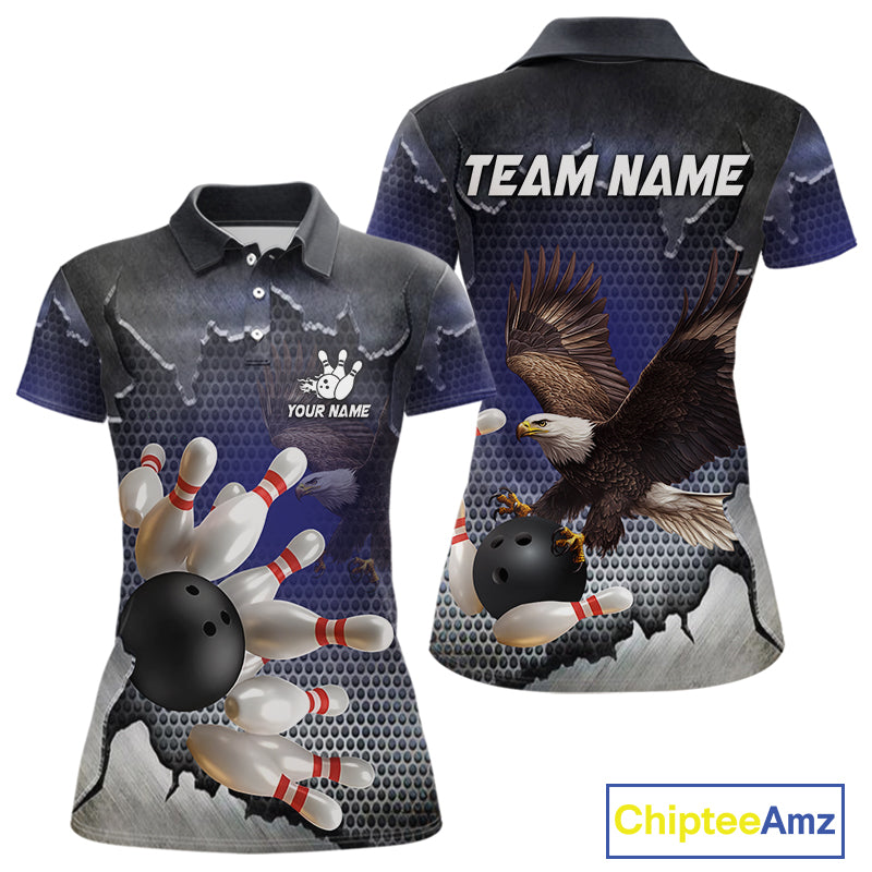 Eagle Bowling Polo, Quarter Zip Shirts for Women Custom Team Bowling jerseys, gift for bowlers | Blue NQS10972