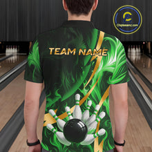Load image into Gallery viewer, Personalized Bowling Polo, Quarter Zip Shirts for Men Custom Green Flame and Gold Bowling Team Jersey NQS11145