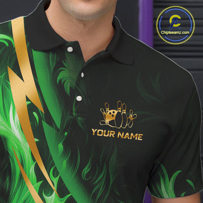 Personalized Bowling Polo, Quarter Zip Shirts for Men Custom Green Flame and Gold Bowling Team Jersey NQS11145