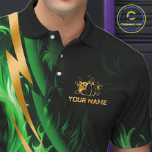 Load image into Gallery viewer, Personalized Bowling Polo, Quarter Zip Shirts for Men Custom Green Flame and Gold Bowling Team Jersey NQS11145