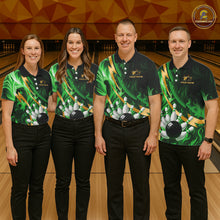 Load image into Gallery viewer, Personalized Bowling Polo, Quarter Zip Shirts for Women Custom Green Flame &amp; Gold Bowling Team Jersey NQS11145