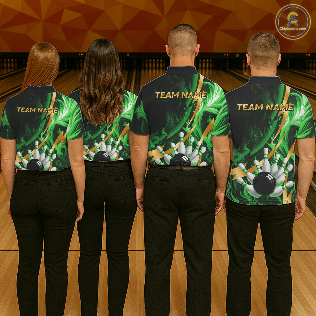 Personalized Bowling Polo, Quarter Zip Shirts for Men Custom Green Flame and Gold Bowling Team Jersey NQS11145