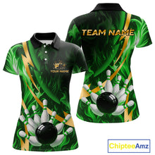 Load image into Gallery viewer, Personalized Bowling Polo, Quarter Zip Shirts for Women Custom Green Flame &amp; Gold Bowling Team Jersey NQS11145