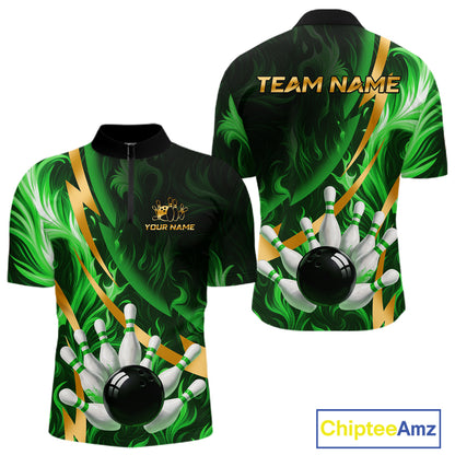 Personalized Bowling Polo, Quarter Zip Shirts for Men Custom Green Flame and Gold Bowling Team Jersey NQS11145