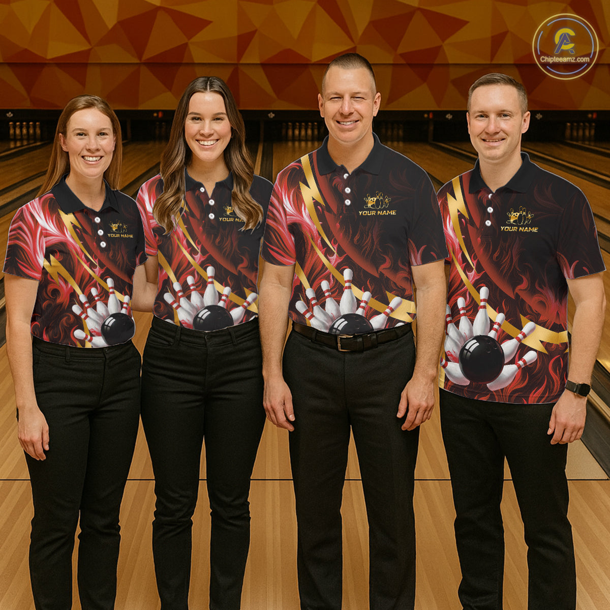 Personalized Bowling Polo, Quarter Zip Shirts for Men Custom Red Flame and Gold Bowling Team Jersey NQS11146