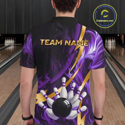 Personalized Bowling Polo, Quarter Zip Shirt for Men Custom Purple Flame and Gold Bowling Team Jersey NQS11147