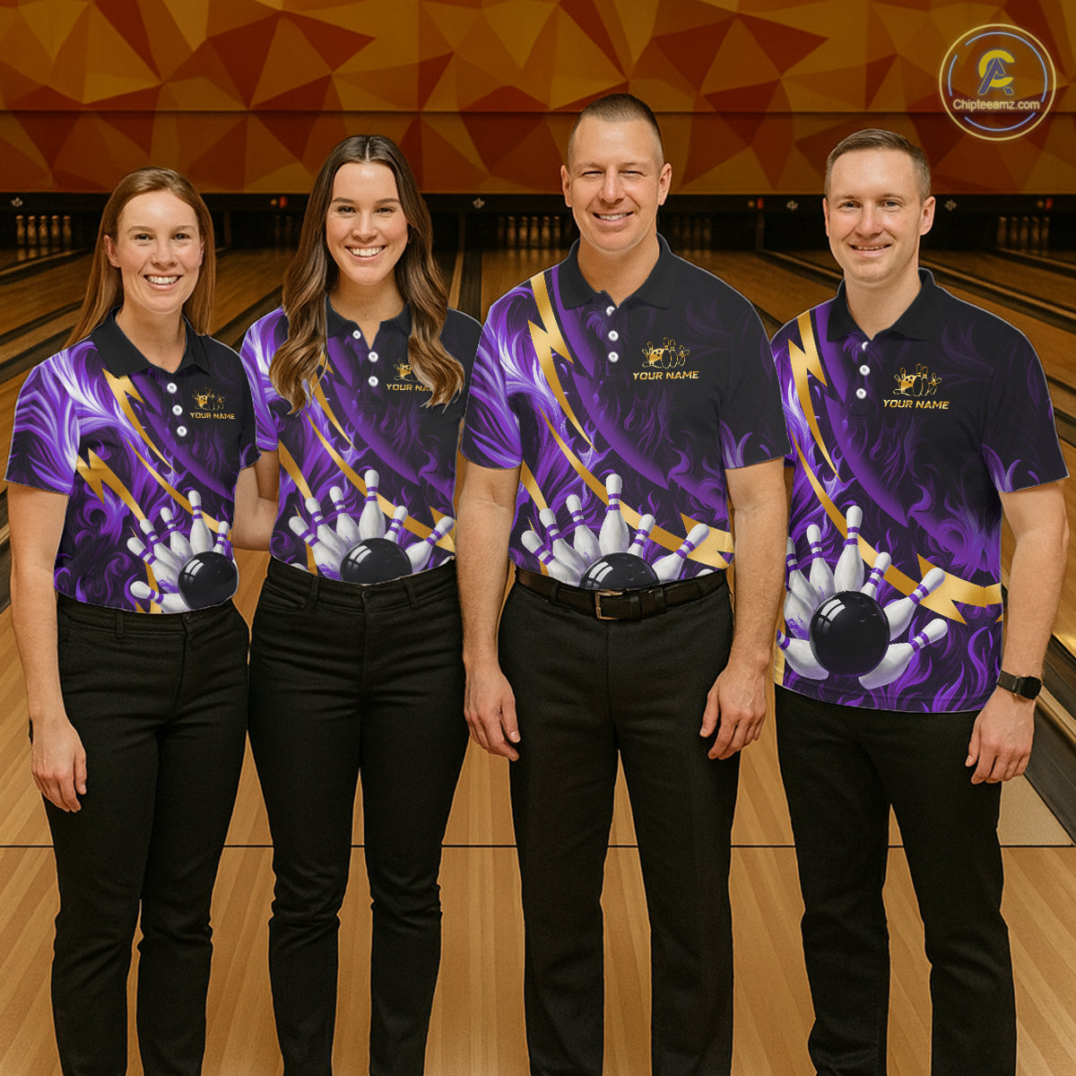 Personalized Bowling Polo, Quarter Zip Shirt for Women Custom Purple Flame & Gold Bowling Team Jersey NQS11147