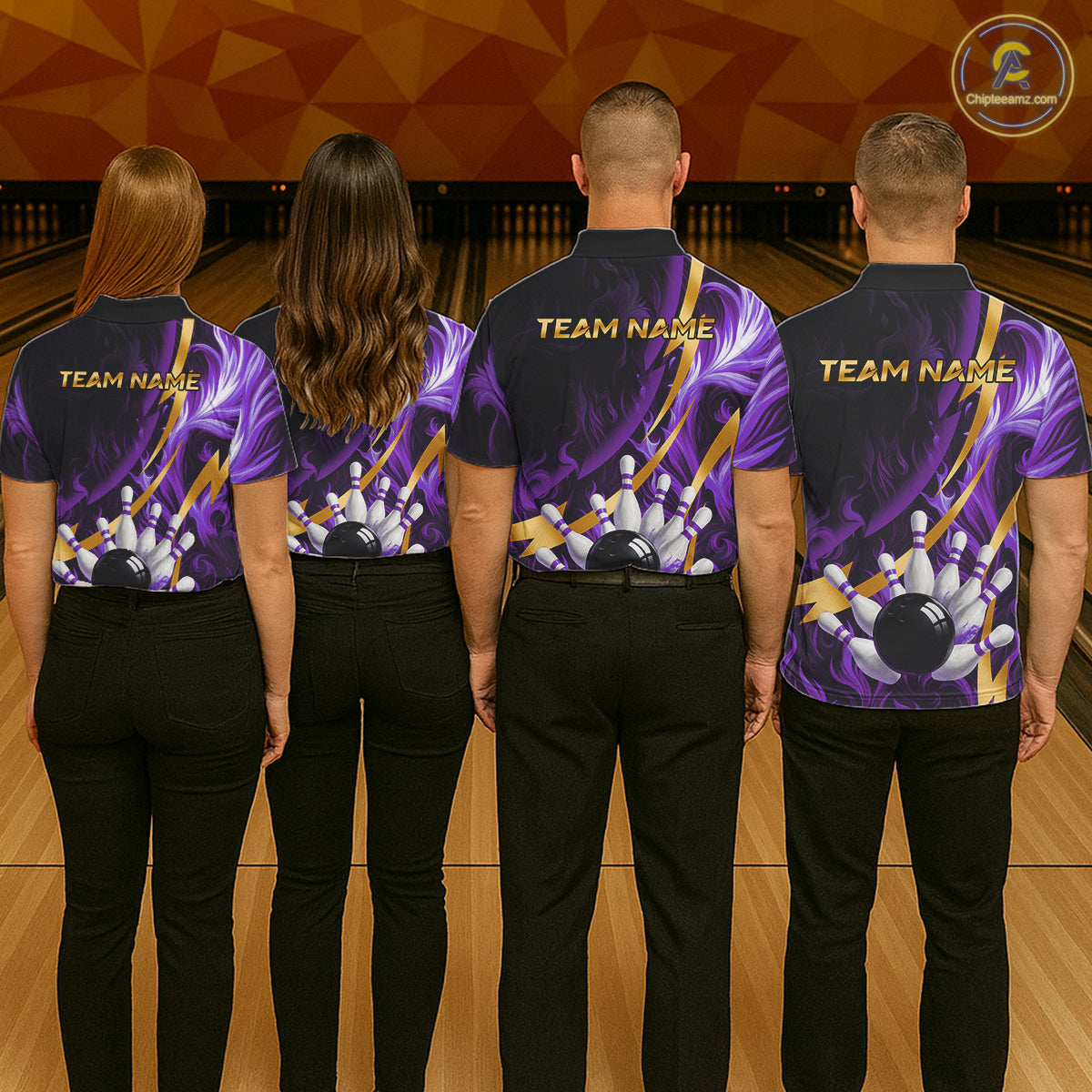 Personalized Bowling Polo, Quarter Zip Shirt for Women Custom Purple Flame & Gold Bowling Team Jersey NQS11147