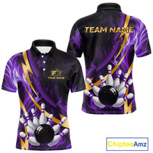 Load image into Gallery viewer, Personalized Bowling Polo, Quarter Zip Shirt for Men Custom Purple Flame and Gold Bowling Team Jersey NQS11147