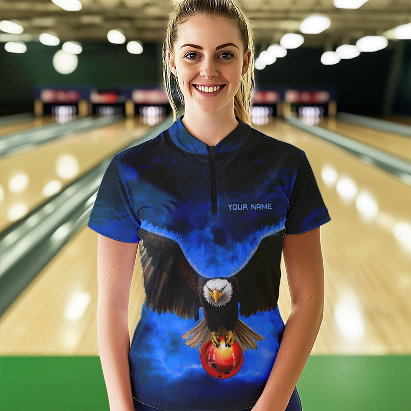 Personalized Blue Flame Eagle Custom Bowling Team Shirts For Women, Fire Eagle Bowling League Jersey NQS9614