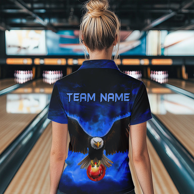 Personalized Blue Flame Eagle Custom Bowling Team Shirts For Women, Fire Eagle Bowling League Jersey NQS9614